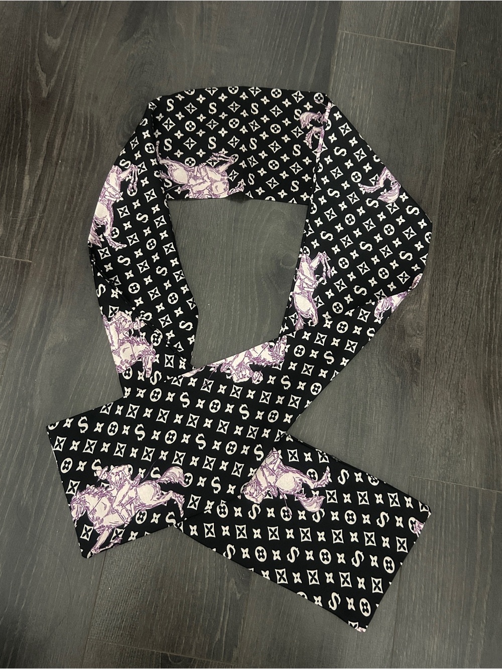 VTG 2000s Monogram Equestrian Rider Graphic Long Scarf Black Purple Y2K